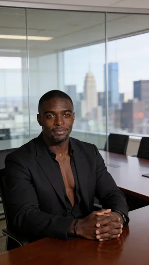 Same character seated in boardroom portrait with calm leadership vibe