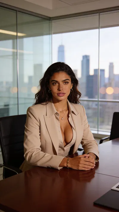 Same character seated in boardroom portrait with calm leadership vibe