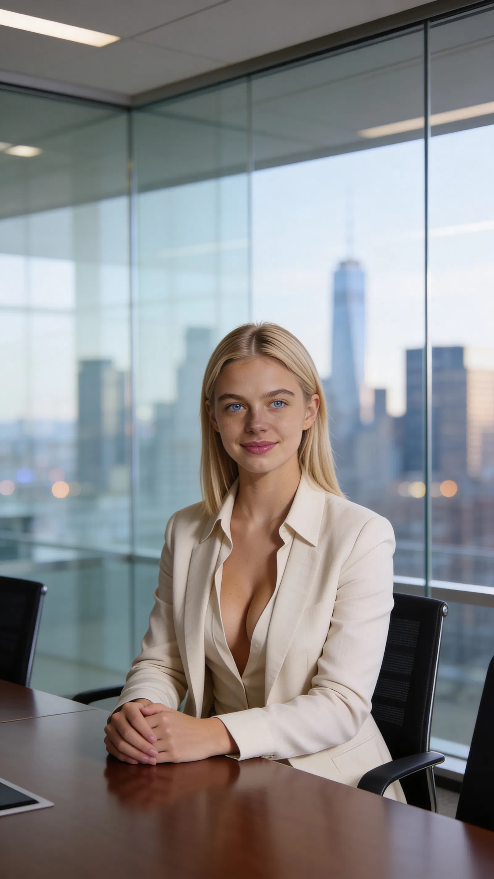 Same character seated in boardroom portrait with calm leadership vibe