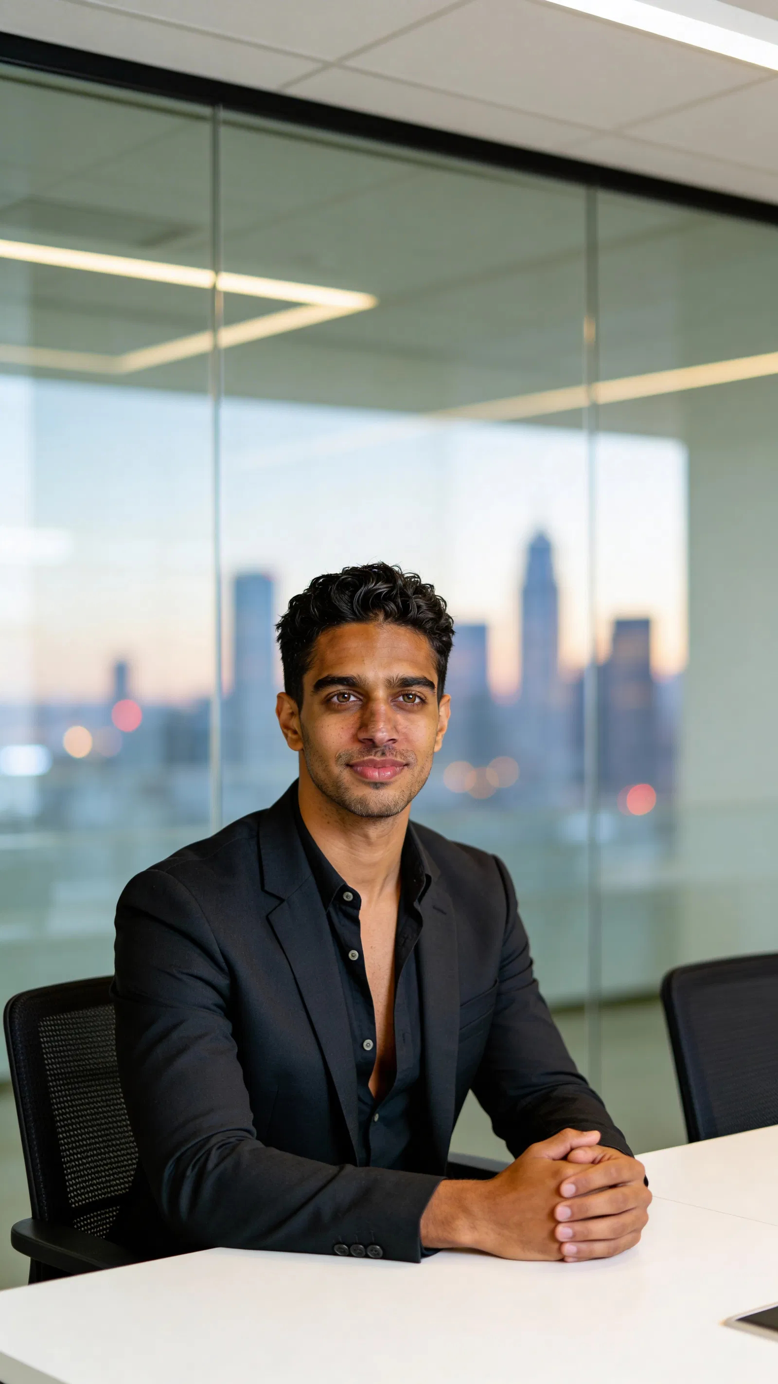 Same character seated in boardroom portrait with calm leadership vibe