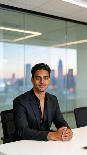 Same character seated in boardroom portrait with calm leadership vibe
