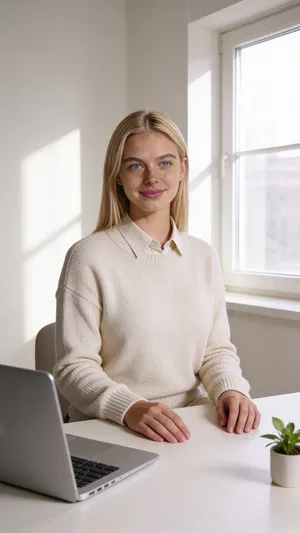 Same character seated in bright home office for personal brand photos