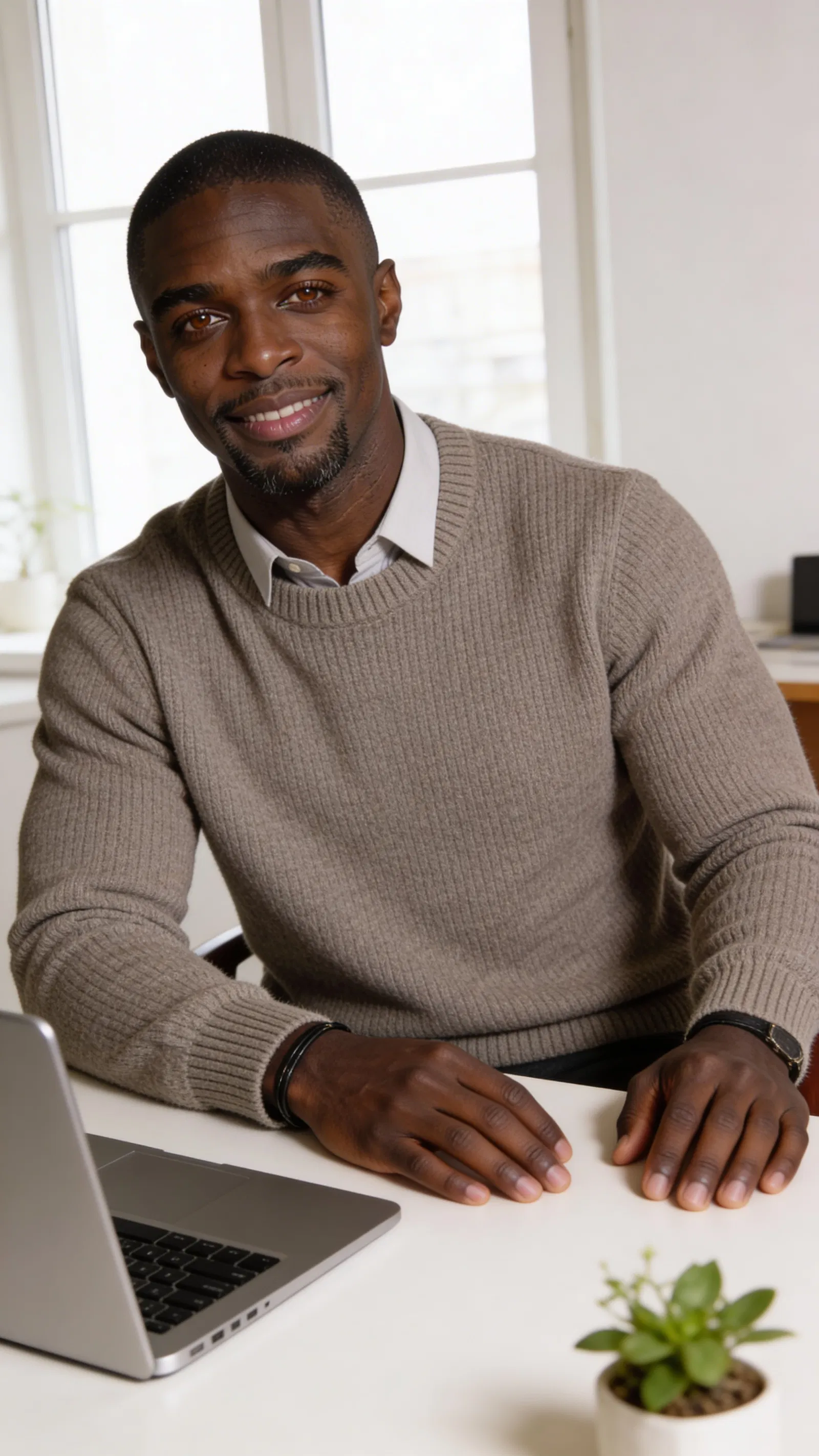 Same character seated in bright home office for personal brand photos