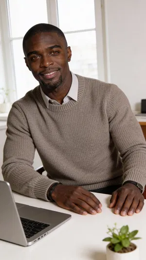 Same character seated in bright home office for personal brand photos