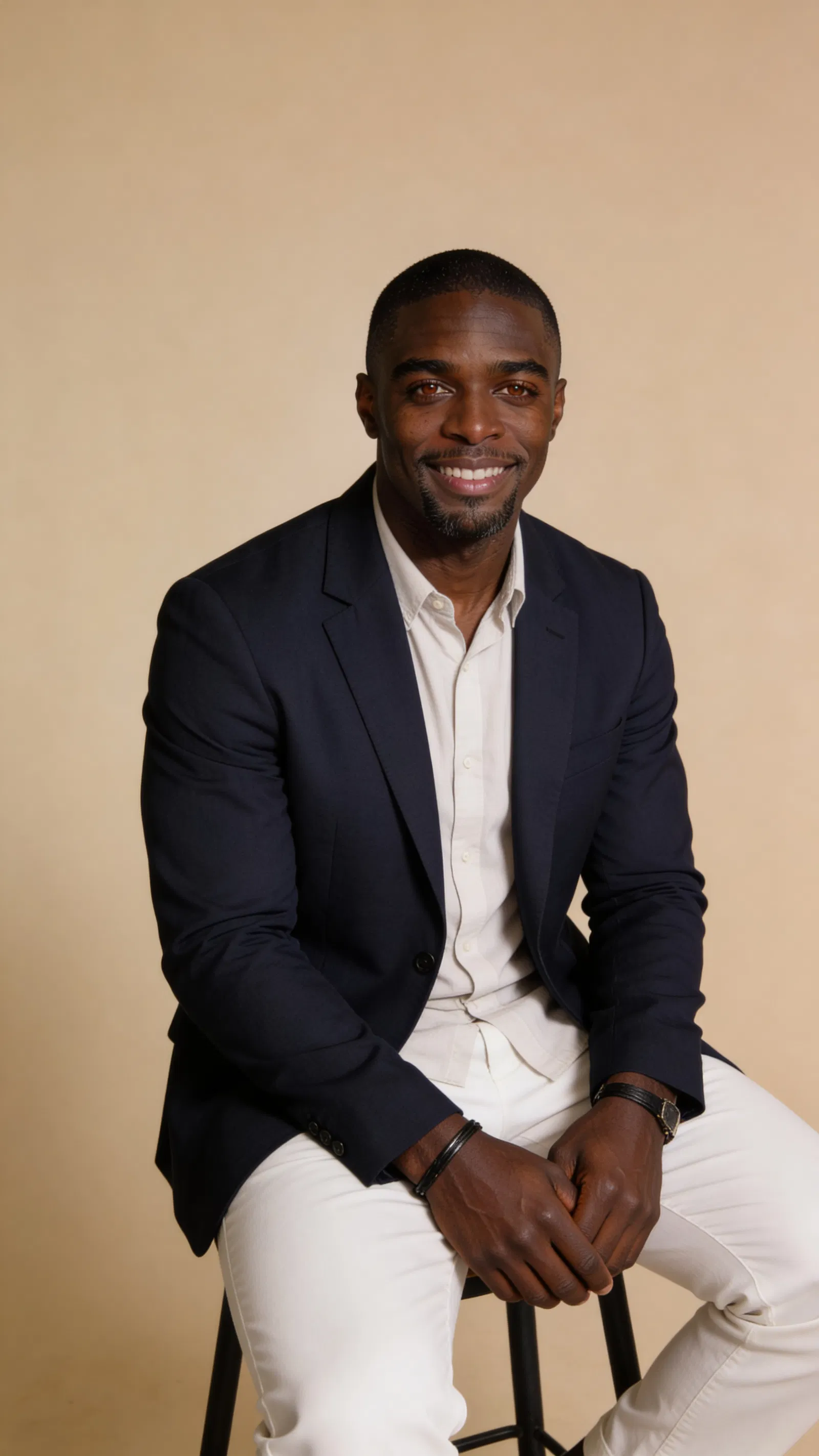 Same character seated in studio with warm beige background and navy blazer