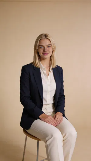 Same character seated in studio with warm beige background and navy blazer