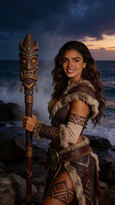 Same character shaman cosplay at dusk shoreline, 3/4 body portrait