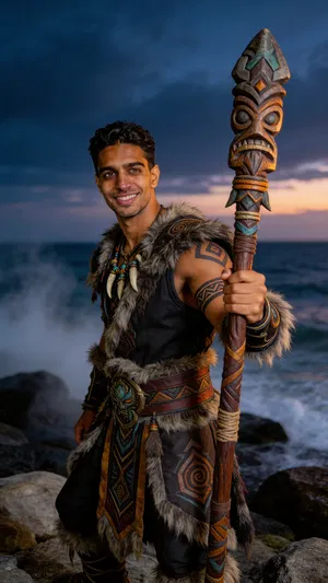 Same character shaman cosplay at dusk shoreline, 3/4 body portrait