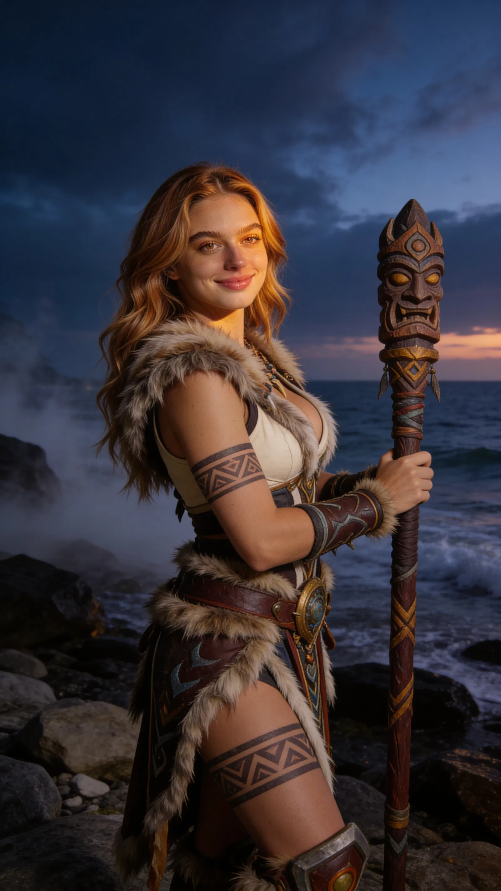 Same character shaman cosplay at dusk shoreline, 3/4 body portrait