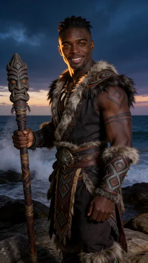 Same character shaman cosplay at dusk shoreline, 3/4 body portrait