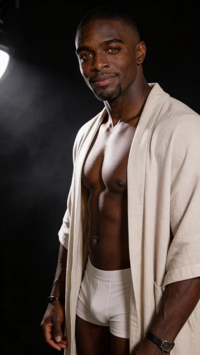 Same character side chest pose in dark studio, 3/4 body framing