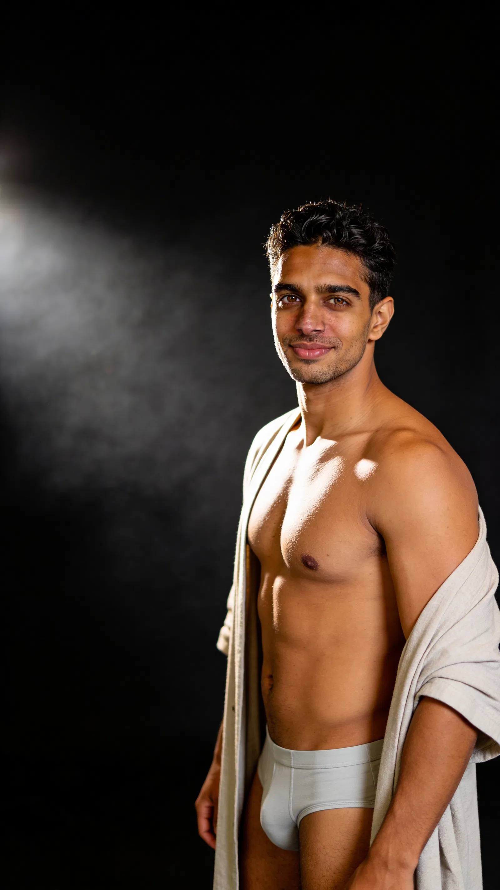 Same character side chest pose in dark studio, 3/4 body framing