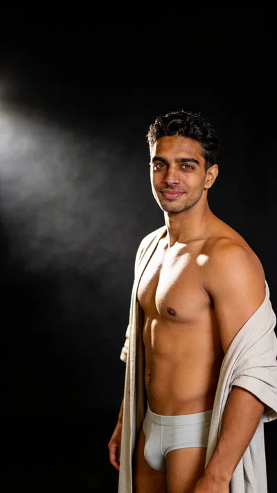 Same character side chest pose in dark studio, 3/4 body framing
