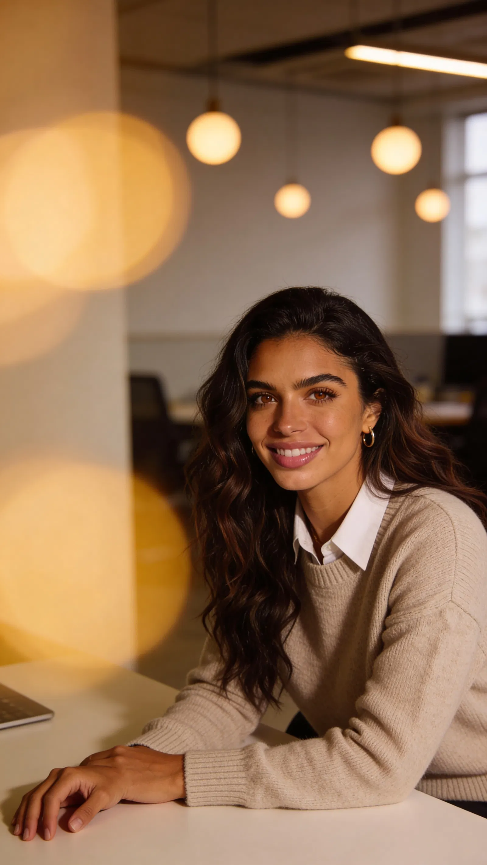 Same character smart-casual coworking headshot with warm bokeh background