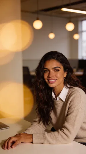 Same character smart-casual coworking headshot with warm bokeh background