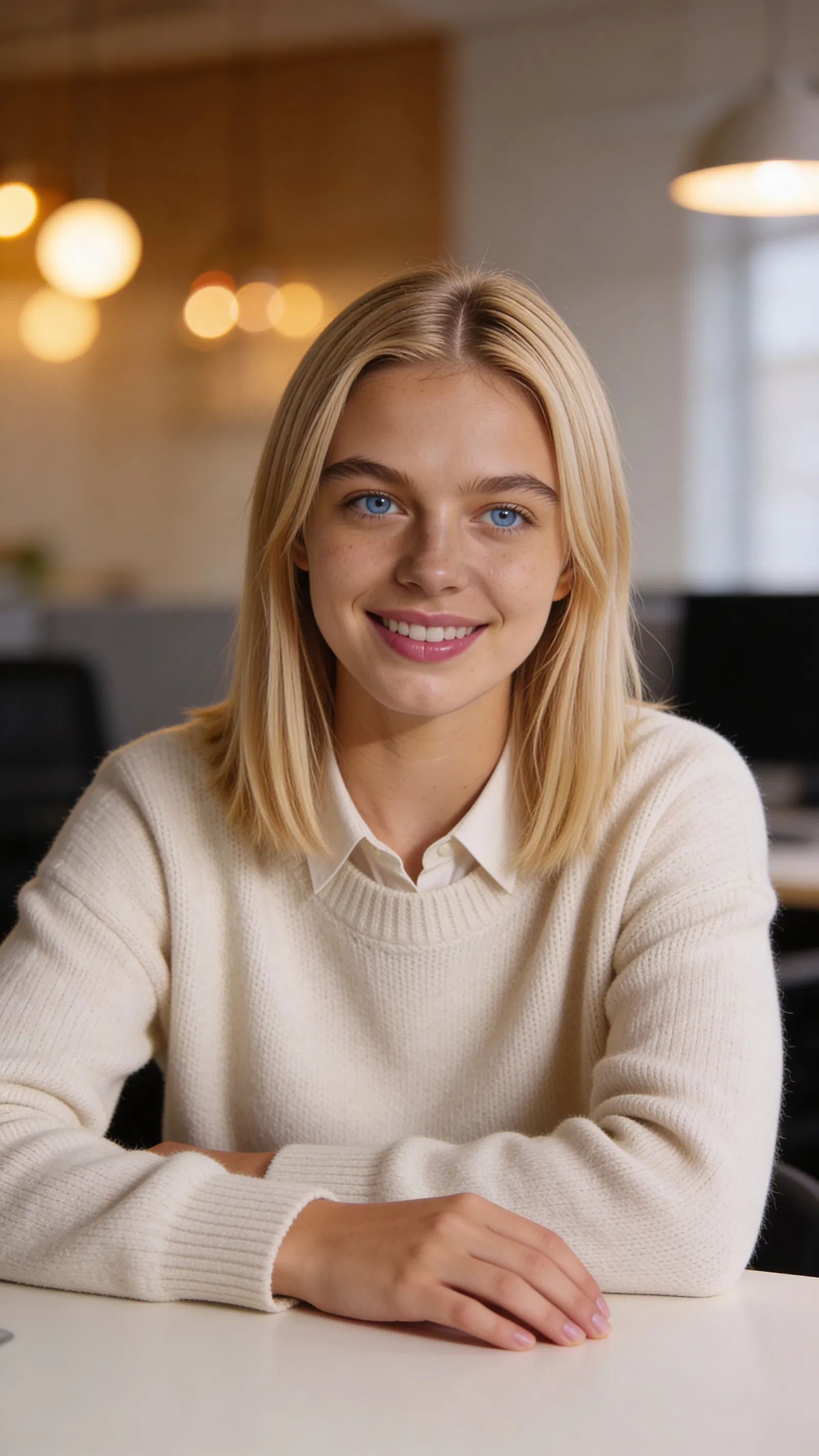 Same character smart-casual coworking headshot with warm bokeh background