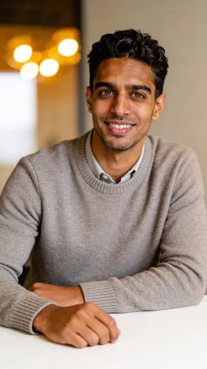 Same character smart-casual coworking headshot with warm bokeh background