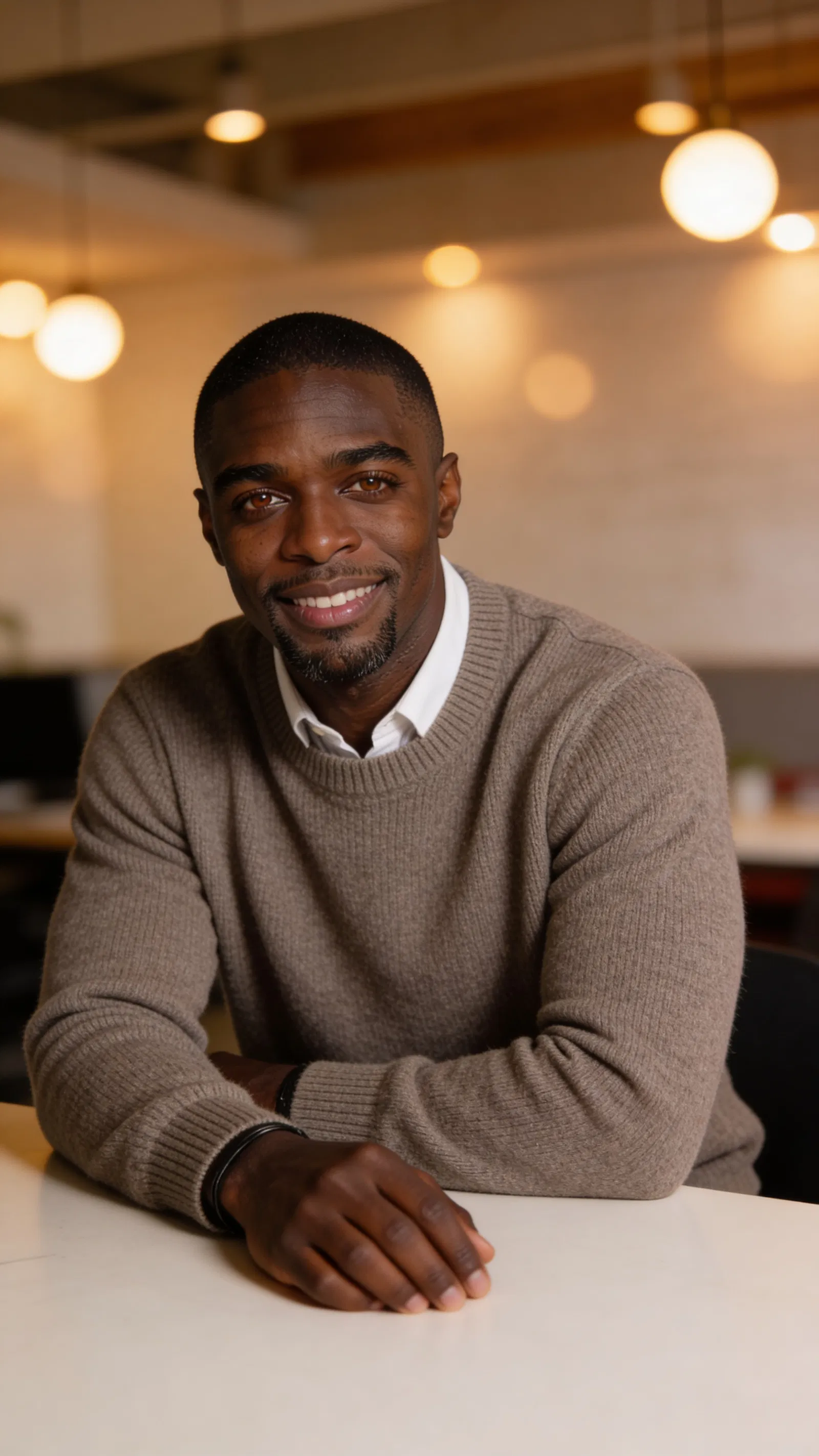 Same character smart-casual coworking headshot with warm bokeh background