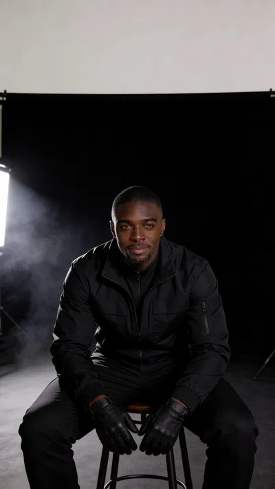 Same character stealth cosplay seated in dramatic low-key studio