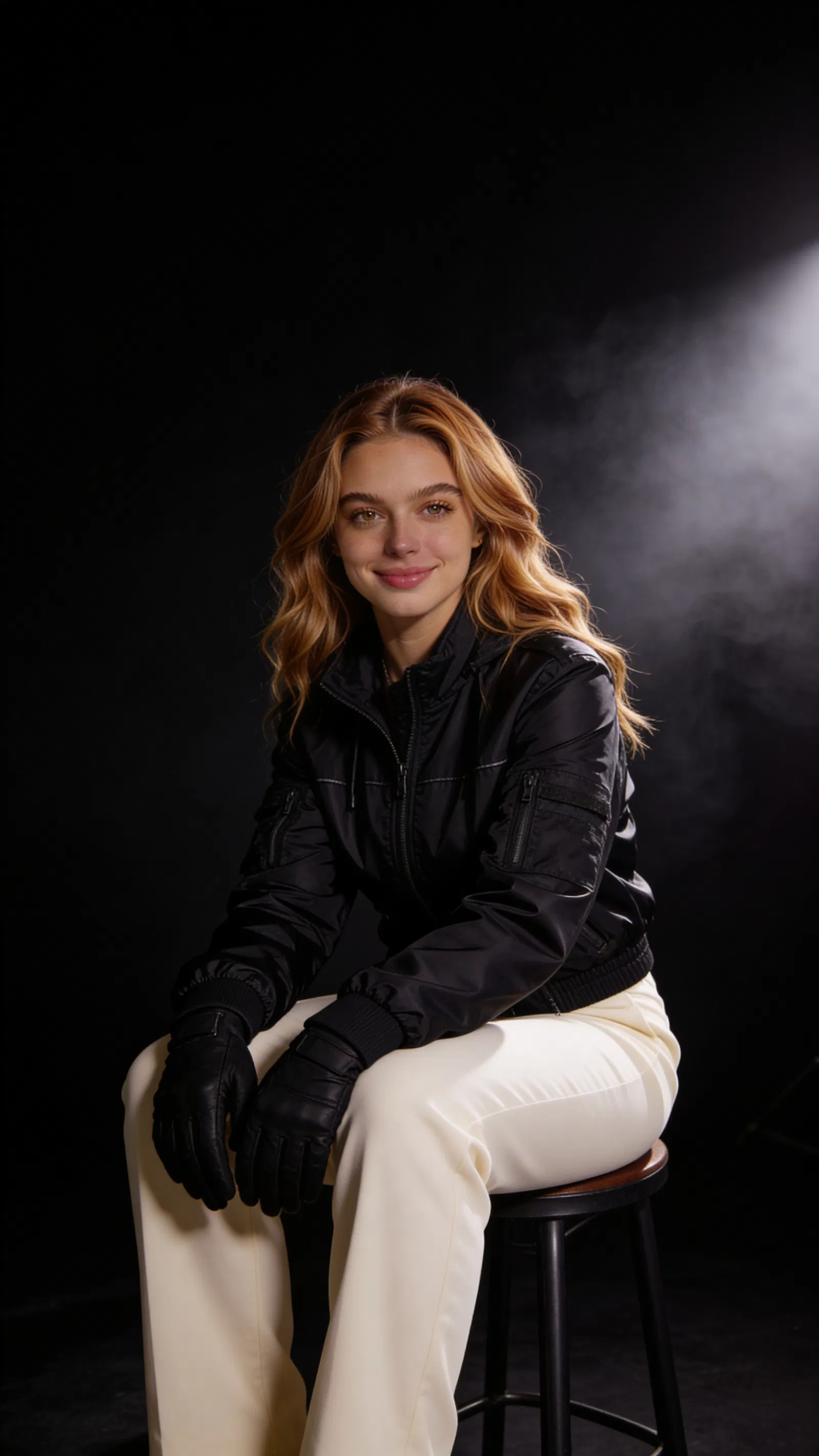 Same character stealth cosplay seated in dramatic low-key studio