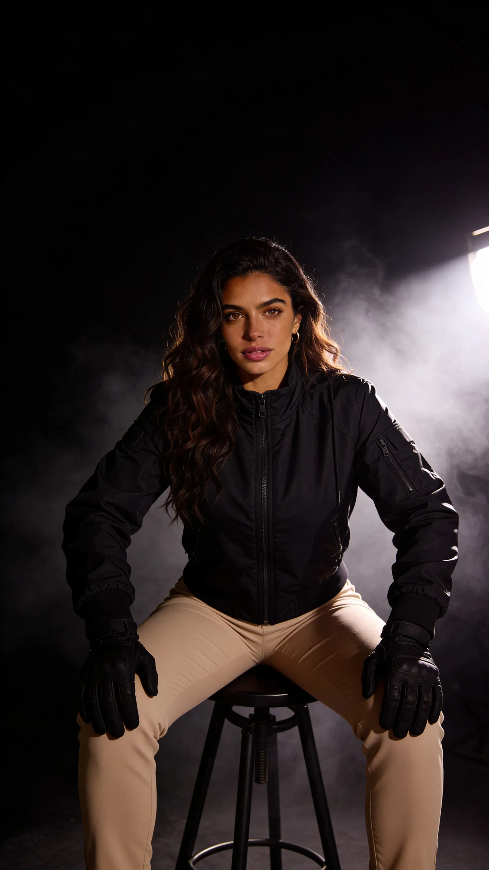 Same character stealth cosplay seated in dramatic low-key studio