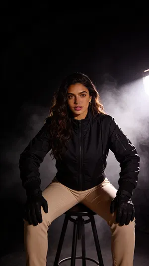 Same character stealth cosplay seated in dramatic low-key studio