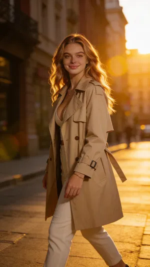 Same character three-quarter outdoor golden-hour portrait in city street