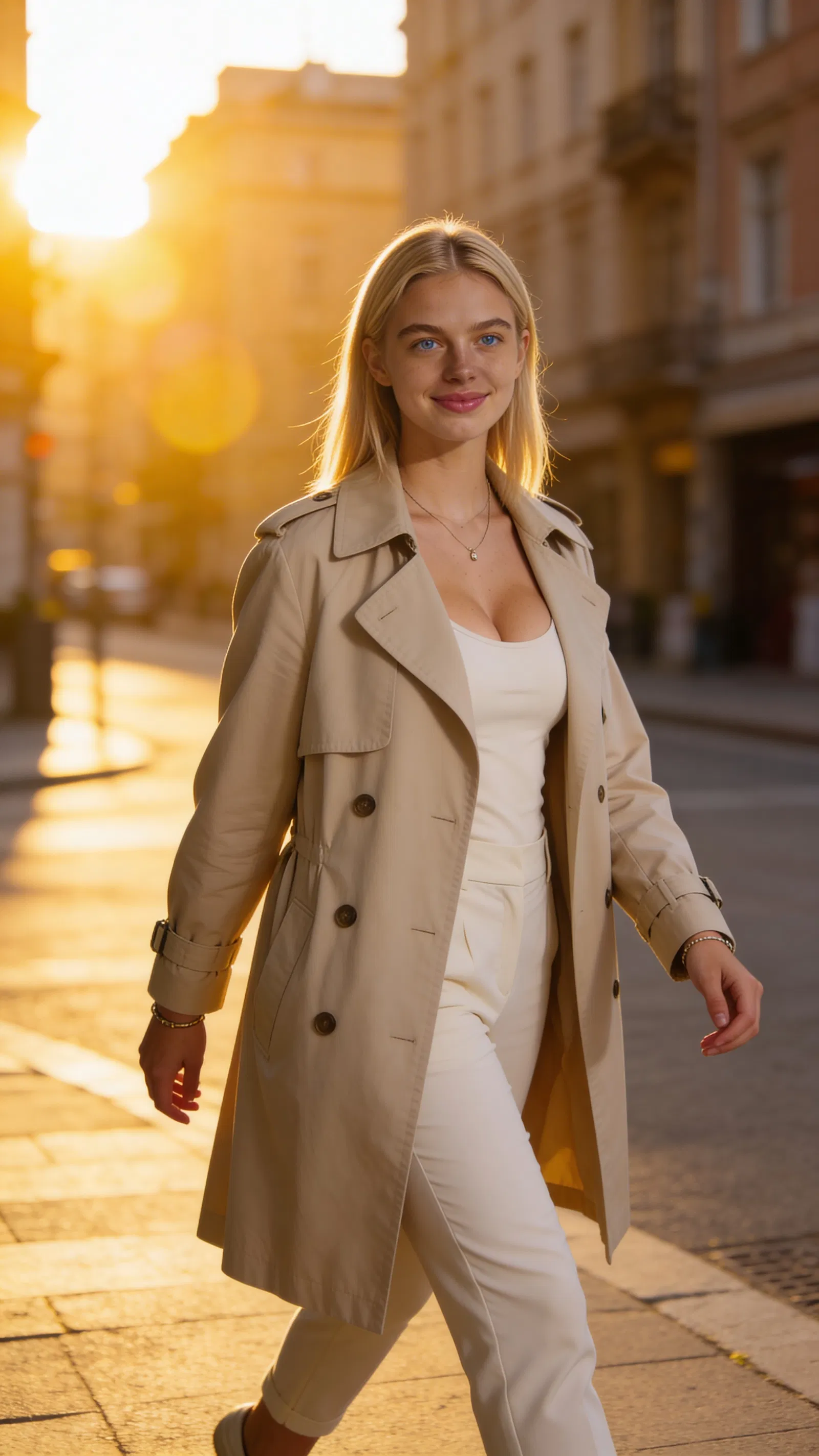 Same character three-quarter outdoor golden-hour portrait in city street