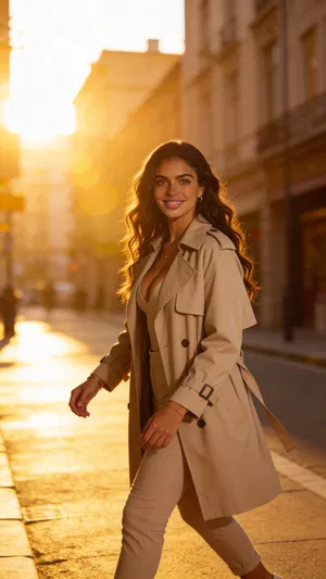 Same character three-quarter outdoor golden-hour portrait in city street