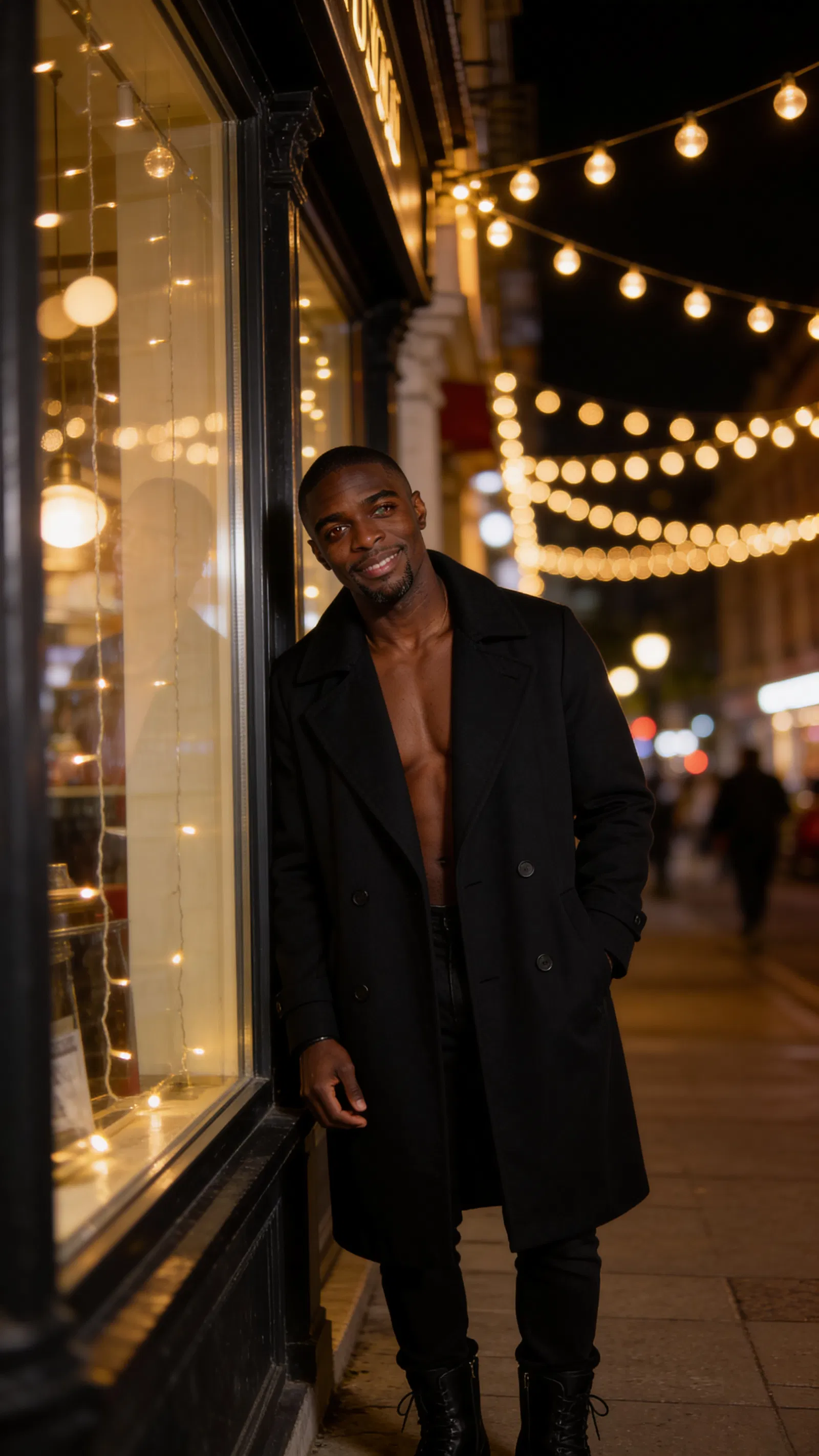 Same character under string lights at night, date-night vibe dating profile shot