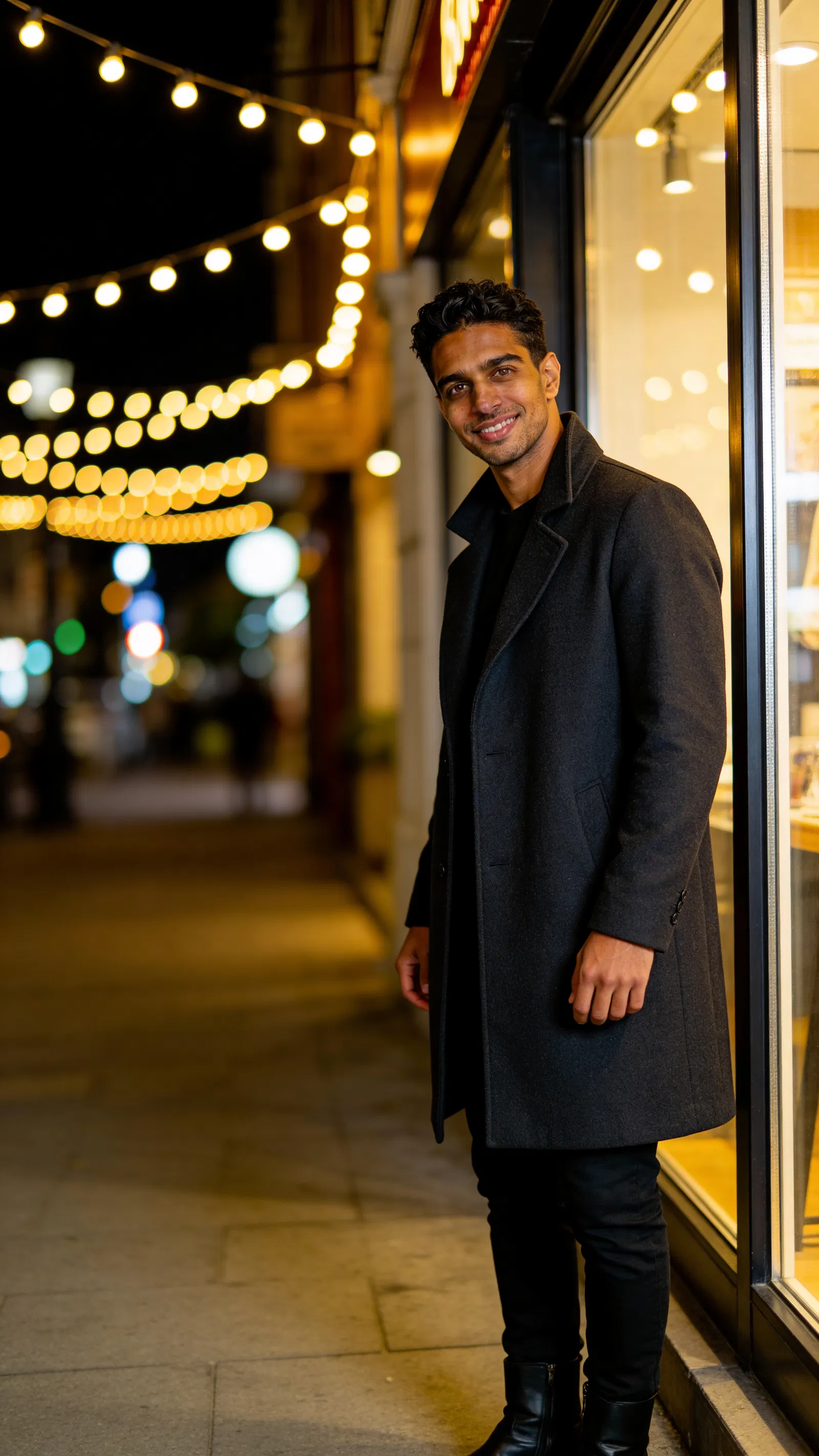 Same character under string lights at night, date-night vibe dating profile shot
