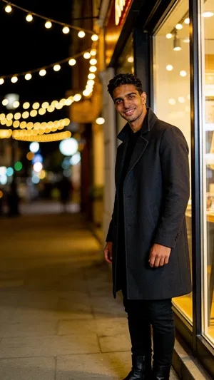 Same character under string lights at night, date-night vibe dating profile shot