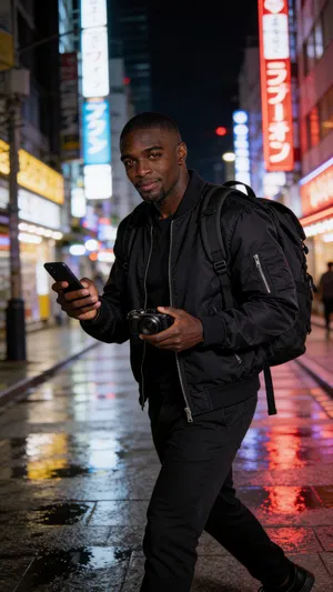 Same character walking in neon city night scene, travel storytelling style.