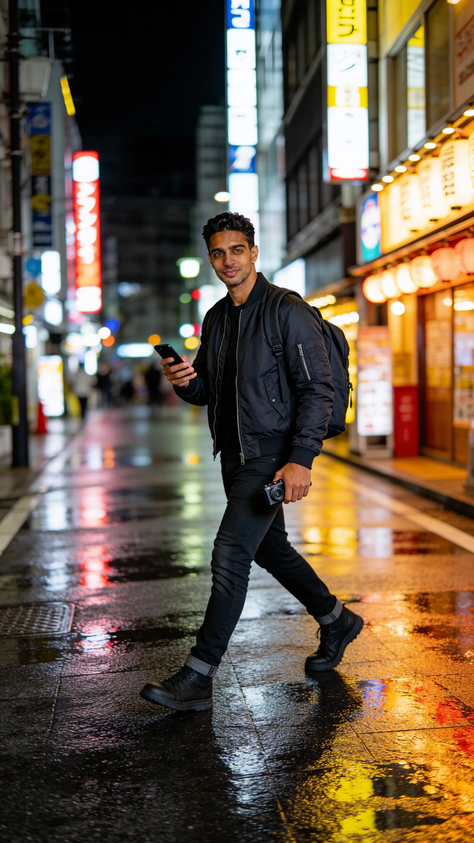 Same character walking in neon city night scene, travel storytelling style.