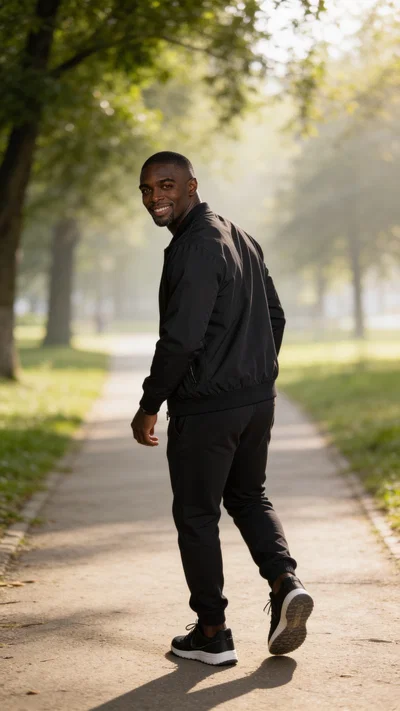 Same character walking in park, candid smile, natural dating profile photo