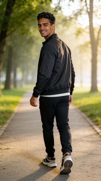 Same character walking in park, candid smile, natural dating profile photo