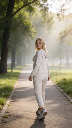 Same character walking in park, candid smile, natural dating profile photo