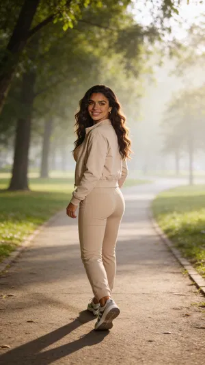 Same character walking in park, candid smile, natural dating profile photo