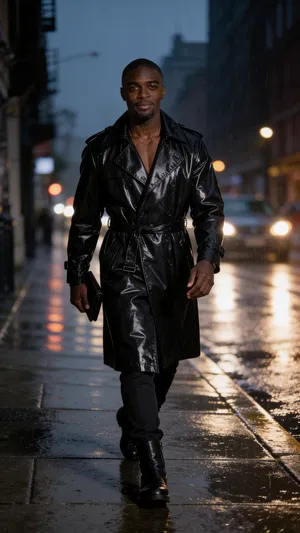Same character walking in rainy street editorial fashion scene