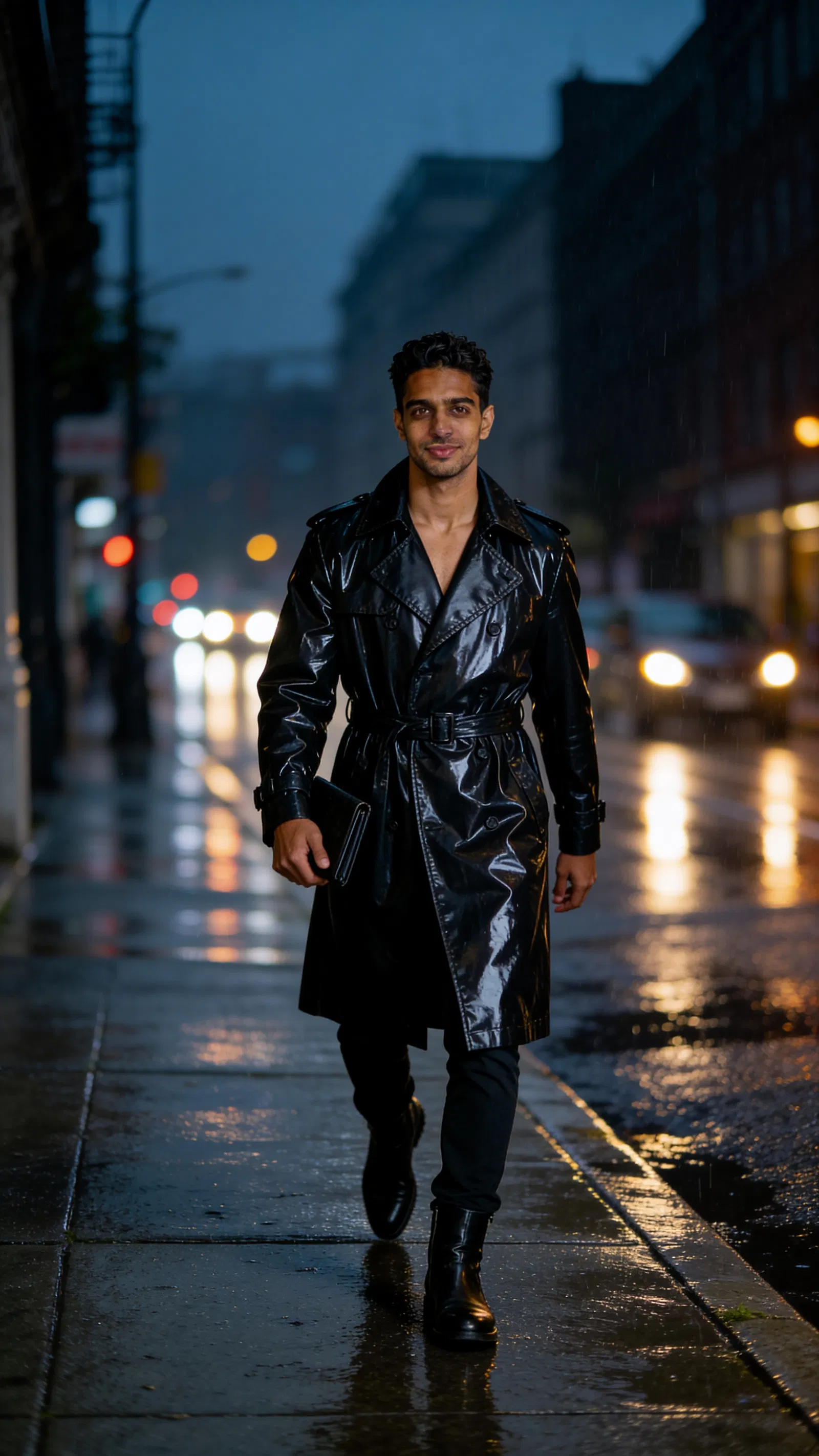Same character walking in rainy street editorial fashion scene