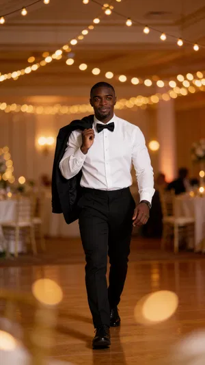 Same character walking in reception hall with warm bokeh lights