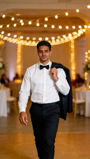 Same character walking in reception hall with warm bokeh lights