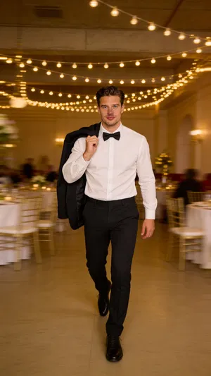 Same character walking in reception hall with warm bokeh lights
