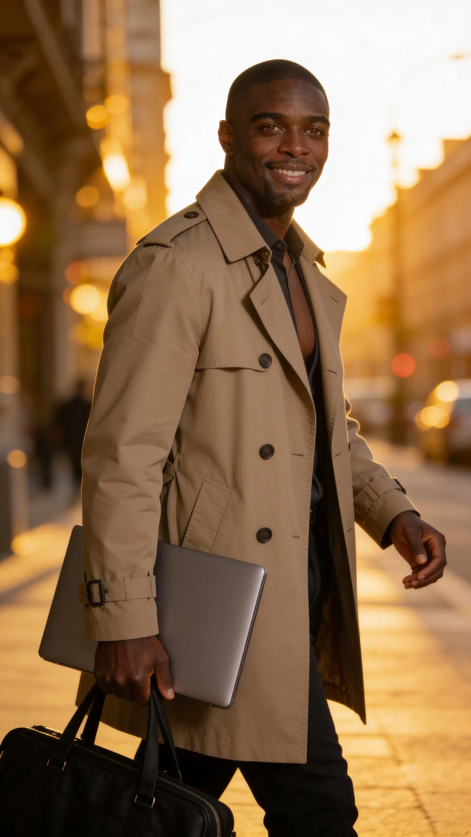 Same character walking outdoors at golden hour with laptop bag