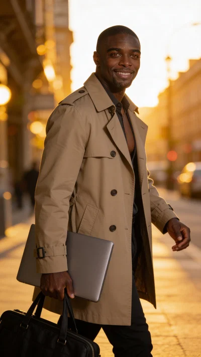 Same character walking outdoors at golden hour with laptop bag