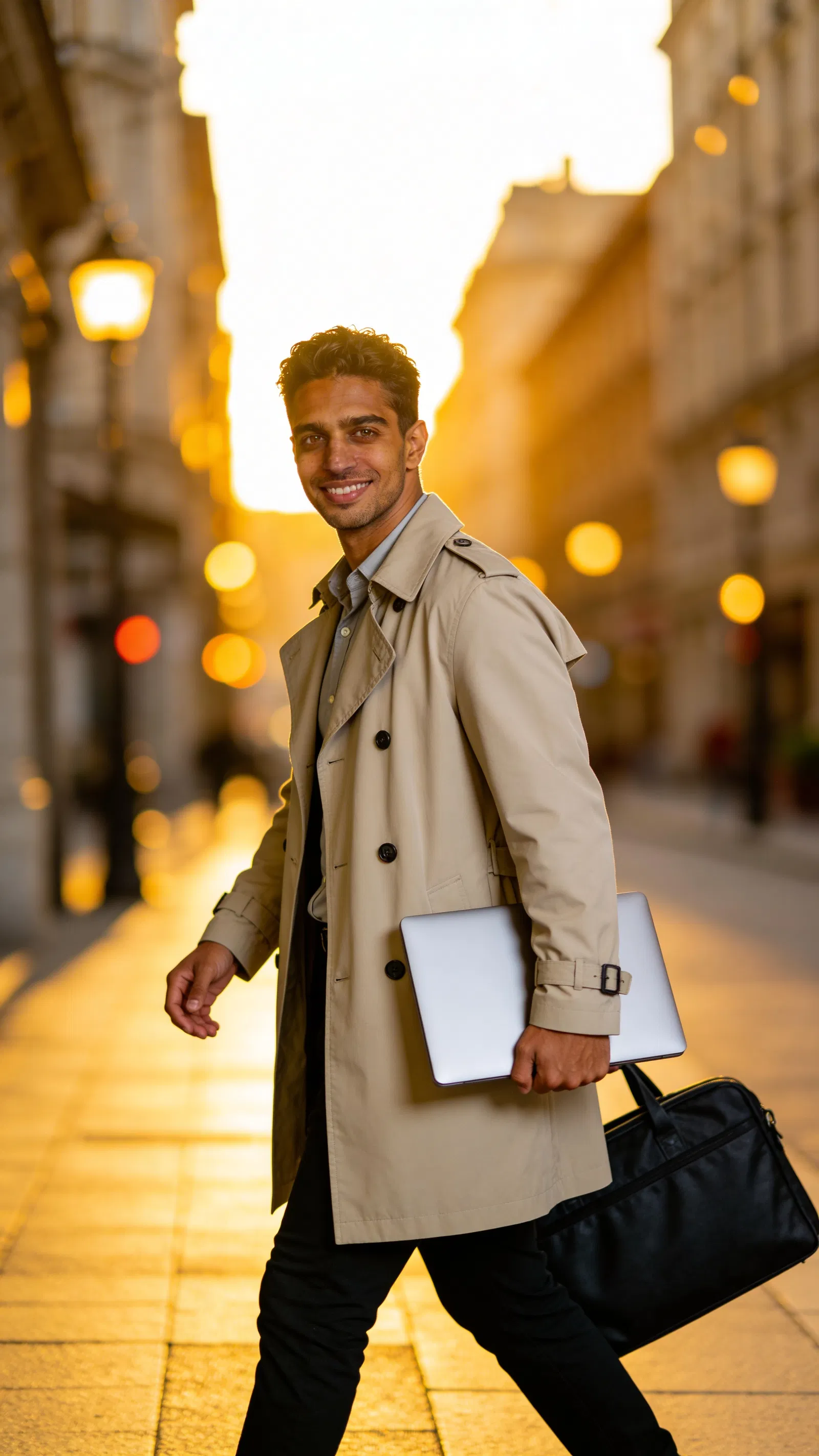 Same character walking outdoors at golden hour with laptop bag