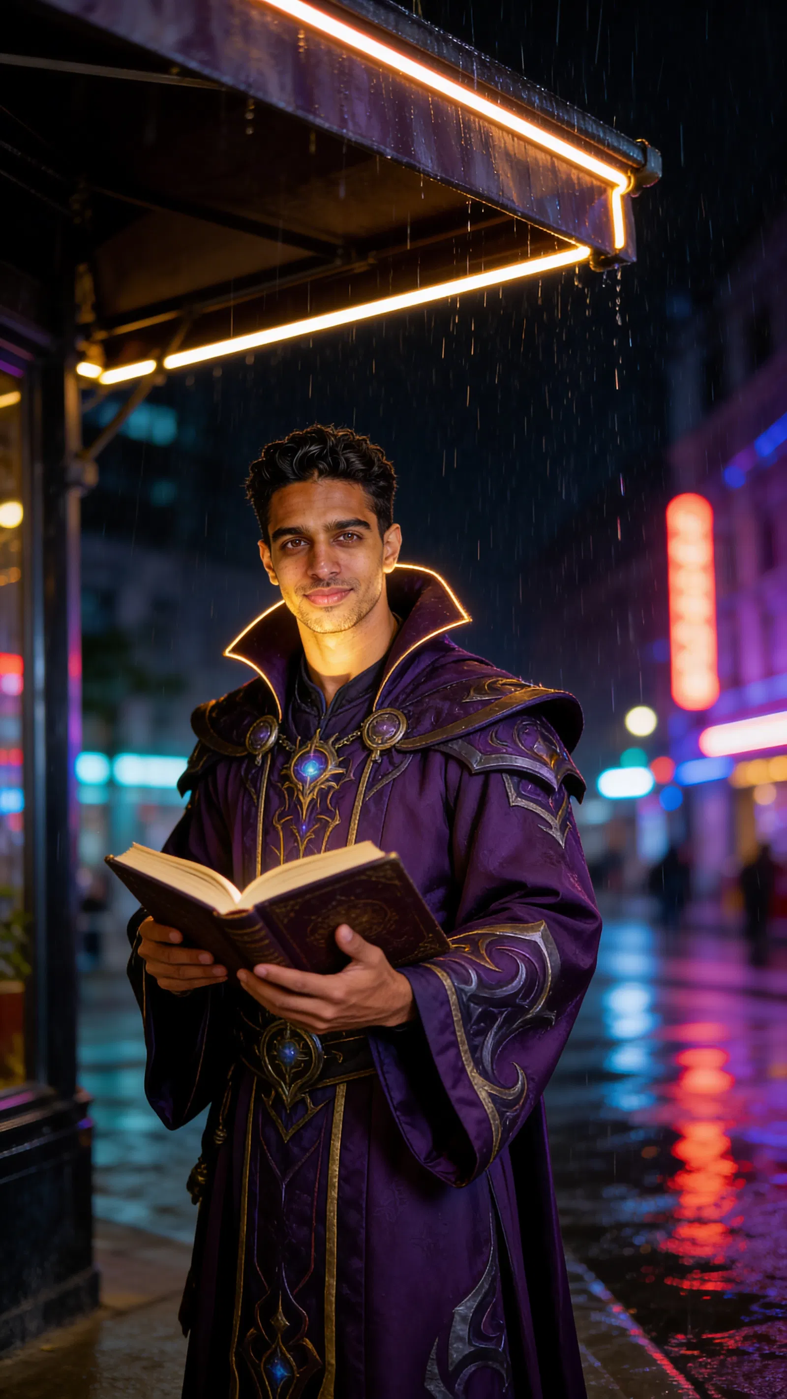 Same character warlock cosplay in neon rain scene, cinematic portrait