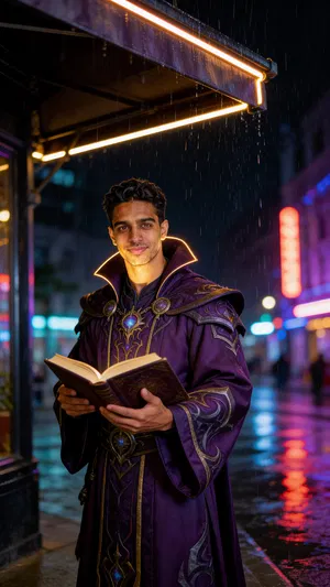 Same character warlock cosplay in neon rain scene, cinematic portrait
