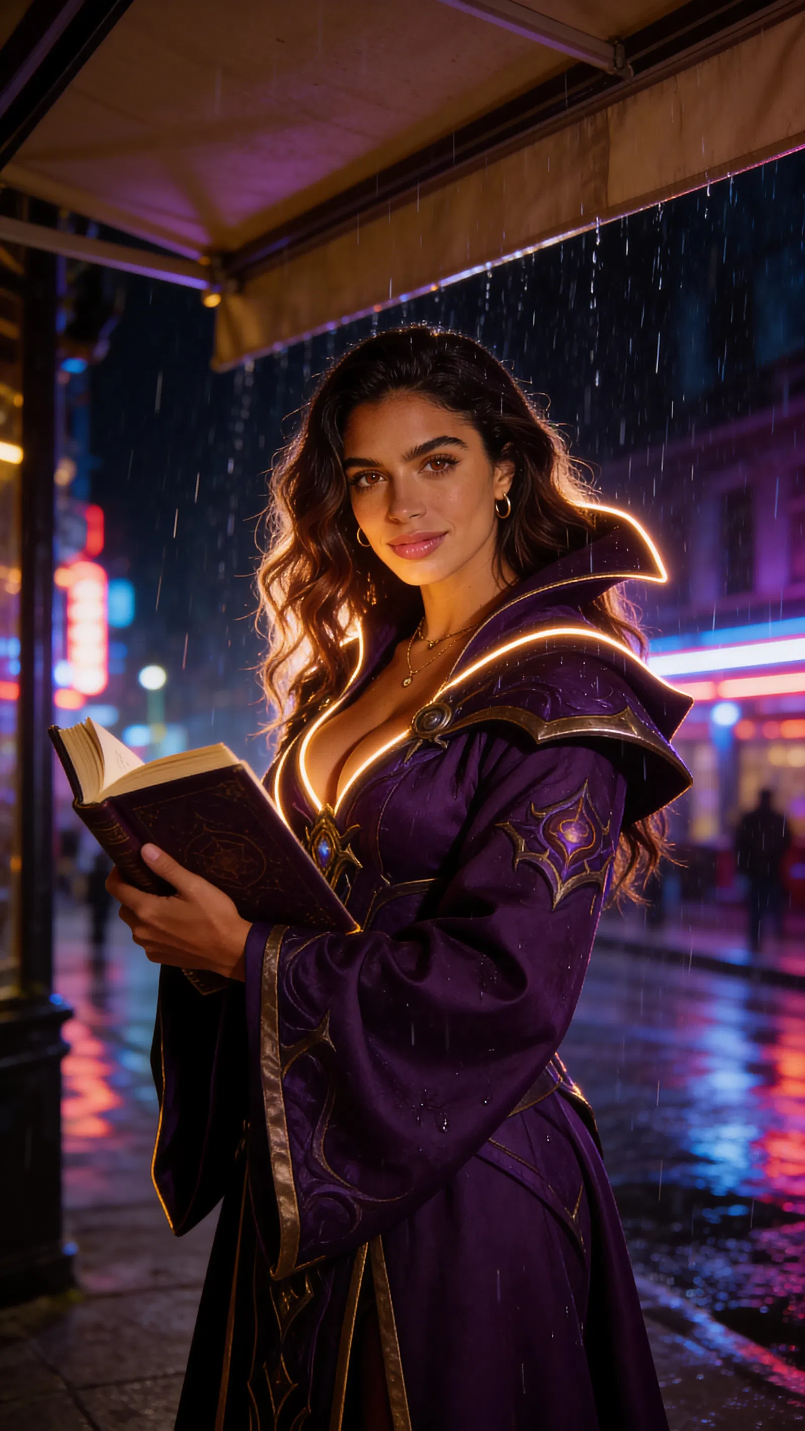 Same character warlock cosplay in neon rain scene, cinematic portrait