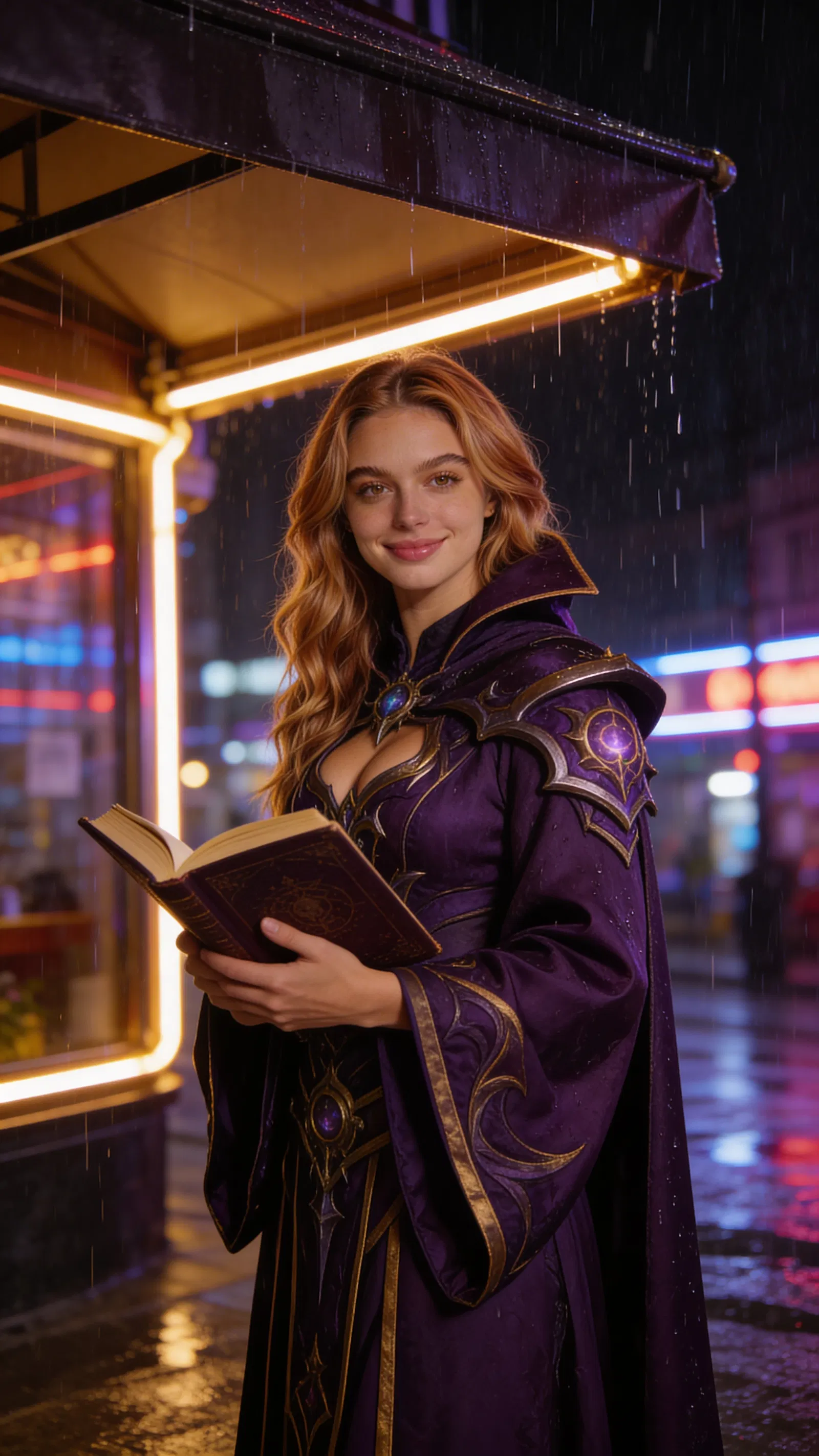 Same character warlock cosplay in neon rain scene, cinematic portrait